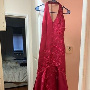 Red floral halter mermaid gown